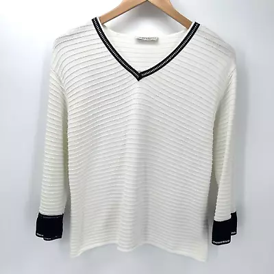 Margaret Winters Women's Sweater Size XS White Black Detail 100% Cotton V-Neck • $15