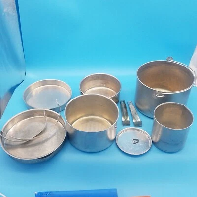 $49.95 • Buy VTG. Stackable ALUM. 11 Pc Pots Pans Outdoor Survival Camping Cook Set Mess Kit
