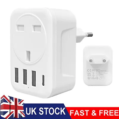 £10.99 • Buy UK To European Plug Adapter USB C + 3 USB A Travel Adapter UK To EU Type C