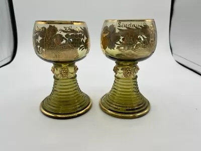 Vintage Roemer German Wine Glass Green & Gold Set Of 2 No Chips Or Cracks • $19.80