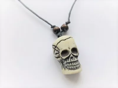 Skull Necklace Wooden Beads Long Black Cord Can Be Adjusted In Length Mens Boys • £1.77