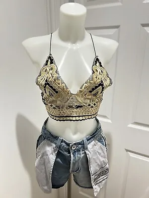 Bra Top - Gold Mesh Sequin Embroidery Crop / Style Tank Top - Size S • £5.50