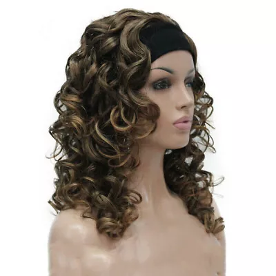 New 3/4 Wig With Headband Brown Blonde Curly Women's Medium Half Wigs Hairpiece • $23.10