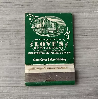 Baltimore Maryland LOVE’S Restaurant Charles Street Vintage Matchbook Cover ~ • $12