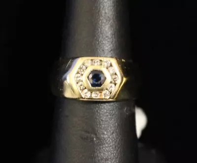 (RI5) Men's 14K Yellow Gold Sapphire & Diamond Signet Ring Size 7.5  6g  .24 TCW • $499.50