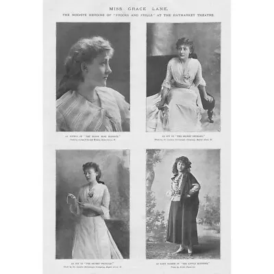 GRACE LANE Edwardian Actress At The Haymarket Theatre - Antique Print 1902 • £13.99