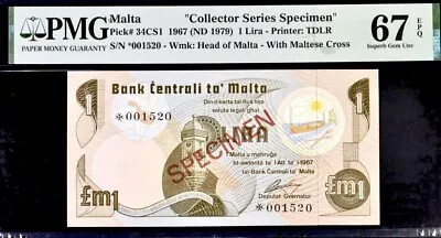 Malta 1 Liri Pick#34CS1 1967(ND 1979)Specimen PMG 67 EPQ Superb Gem Unc Banknote • $99