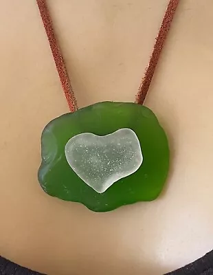 Sea Glass Necklace Huge Ocean Tumbled Antique Green White Heart Pendant 70’s • $24