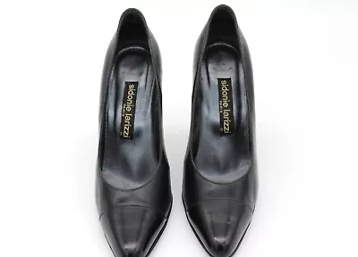 Sidonie Larizzi Vintage Black Leather Shoes Pumps Cone Heels Almond Toe • $35