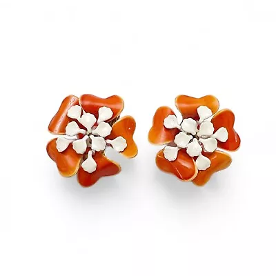 Vintage Retro Orange White Enamel Floral Flower Clip On Earrings • $14.99