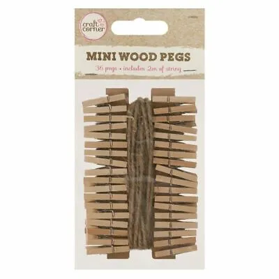 36 Mini Wooden Pegs With Jute String Hold Photos Pictures Notes Scrapbooking UK • £3.45