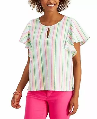 Charter Club Women's L Flutter Sleeve Linen Blend Keyhole Multicolor Striped Top • $16.92