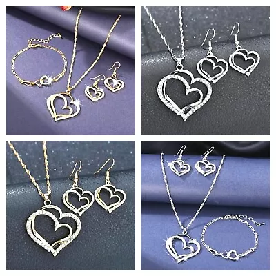 Silver Gold Crystal Rhinestone Necklace Bracelet Pendant And Heart Earring Set • £5.79