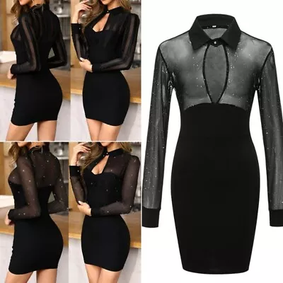 Sexy Women's Mesh Sheer Long Sleeve V-Neck Bodycon Evening Party Club Mini Dress • $14.99