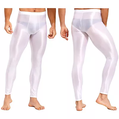 US Men Glossy Pantyhose Long Pants Smooth Yoga Compression Workout Sports Tights • $10.23