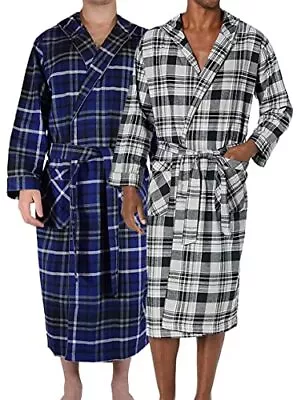 Mens 2 Pack Long Robe 100%Cotton Flannel Warm Bathrobe S-M Blue/Black Plaids • $47.46