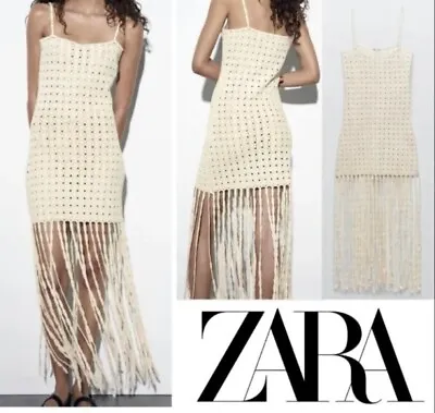 Zara Womens Ecru Crochet Straight Neckline Dress With Fringing (Size M) BMWT  • £34.99