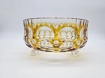 Bohemian Gold Yellow Cut To Clear Footed Bowl Vintage Glass Unique Beautiful EUC • $62.99