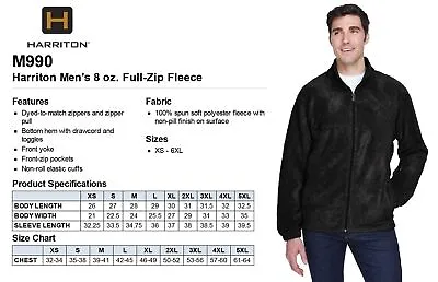 Harriton Jacket Men's 8 Oz Full-Zip Fleece Solid S-6XL R-M990 • $24.69