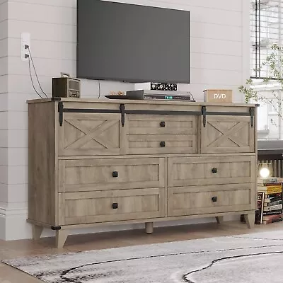 6 Drawers Dresser Bedroom Chest Of Drawers With Sliding Door TV Stand Rustic Oak • $249.89