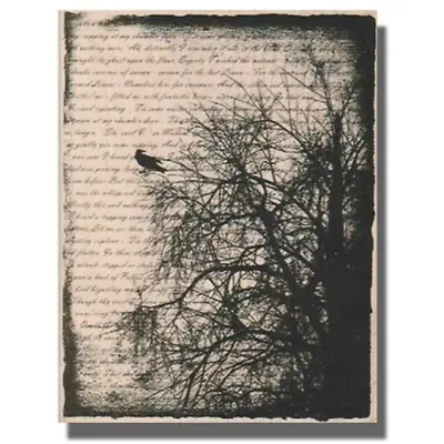 Tree Writing Collage RUBBER STAMP Halloween Black Bird Crow Spooky Mixed Media • $21.85