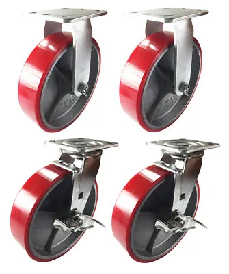 4 Heavy Duty Caster 8  Polyurethane Cast Iron Wheels Rigid Swivel & Brake Red • $112.17
