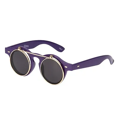 Purple + Black Flip Up Circle Steampunk Glasses Cyber Round Sunglasses UV400 UK • £7.99