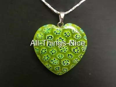 Millefiori Murano Flower 30mm Love Heart LIME GREEN Pendant Necklace Jewellery • £4.50