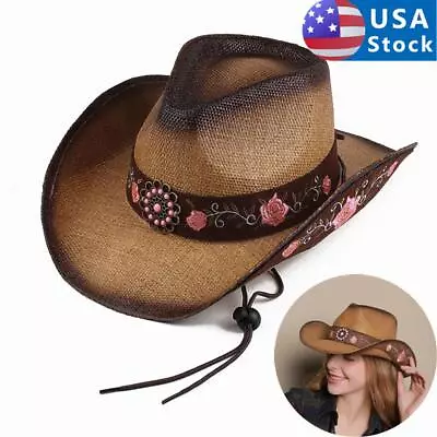 Cowgirl Hat Pink Flower Straw Vintage Western Party Concert Women's Cowboy Hat • $24.99