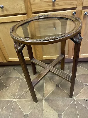 Vintage Mid Century Heavily Carved Flower Wood Round Accent Table With Glass Top • $151.25