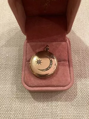 Victorian Crescent Moon Star Scripted Rose Gold Filled Paste Glass Locket • $140