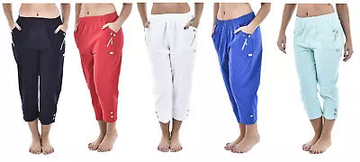 Women Ladies Elasticated Cotton Stretch Capri Cropped 3/4 Trousers Size 10-24 • £14.99