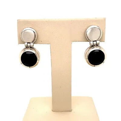 VTG Estate Mexico Sterling Silver & Black Enamel Pierced Drop Dangle Earrings!  • $33.99