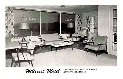 ILLINOIS Hillcrest Motel Rt. 6 OTTAWA Lounge 1960's Furniture TV John Hill Prop. • $4.12