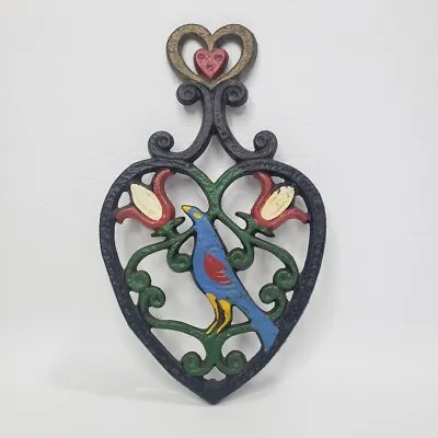 Vtg Cast Iron Trivet Blue Bird Of Happiness With Flowers Heart Shape Painted 8  • $16