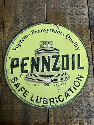 Vintage Pennzoil Metal Enamel Gas Shop Sign. 12” Round. • $36