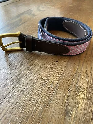 Vineyard Vines Sz 32 Whale Canvas Brown Leather Belt Pink/Navy Blue Made In USA! • $1