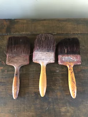 Vintage Large Paint Brush Lot Of 3 Wooden Handle Steampunk Horsehair Farmhouse • $60