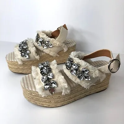 Zara Trafaluc Jewel Espadrille Sandals Size 6.5 Beige Fringe Boho Rhinestone • $45.99