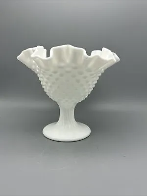 Fenton Pedestal Candy Dish Compote White Hobnail Milk Glass Ruffled Edge Vintage • $14.99