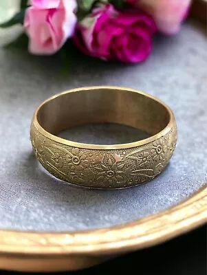 Vintage Solid Brass Floral Repousse Design Bangle Bracelet BoHo • $23.58