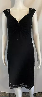 Marina Floral Lace Sequin Black Fitted Cocktail Dress Womens 4 Beaded • $28.50