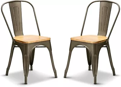 2 Gun Metal Oak Wood Seat Tolix Style Dining Chairs Metal Industrial Slight2nds • £74.99