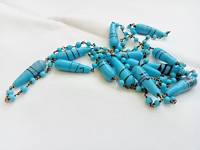 Vintage Venetian Blue Torpedo Glass Bead Necklace • £9.99