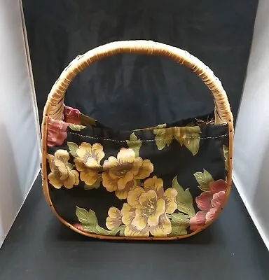 Vintage Rattan Wicker Purse Tote Floral Barkcloth Fabric Sewing Knitting Bag • $25
