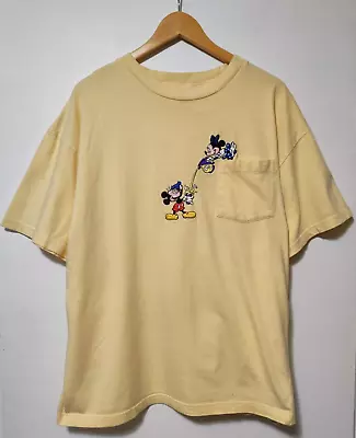 Vintage 1990s Mickey And Minnie Embroidered Light Yellow Pocket T-Shirt Size XL • $24.12