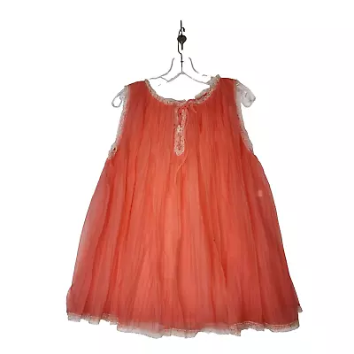 Nightgown Vintage 50s Bright Peach Nylon And Floral Lace Sheer Lined Large #937 • $39.99