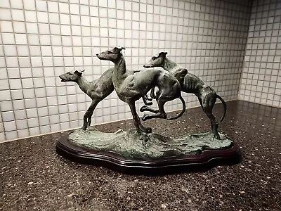 3 Greyhounds Running Verdigris Finish Metal Sculpture Figure Wooden Base • $75