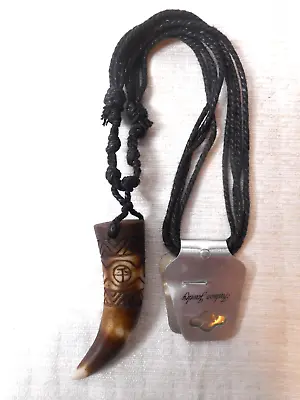 Imitation Yak Bone Carved Tribal Brown Tooth Cone Style Necklace On Black Cord • $8.88