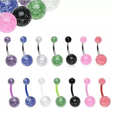 Pack Of 7 X Glitter Belly Bars - Steel Or Flexi Navel Bar • £5.99